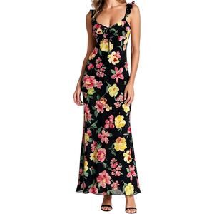 Jonathan Martin Floral Maxi Dress Scoop Neck Ruffle Trim Adjustable Black Medium